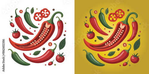 Red chili peppers and green chilies with tomatoes and spices composition for spicy food packaging and menu design