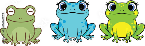 Cute frog cartoon vector illustration set with different colors and expressions in simple flat style