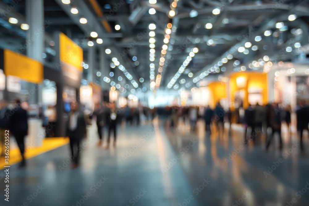 Fototapeta premium Vivid atmosphere of a bustling tradeshow event with numerous attendees navigating through blurred exhibition displays and vibrant booths