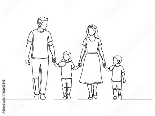 Happy family holding hands in a line