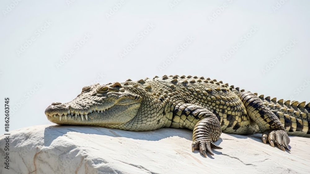 Fototapeta premium A large crocodile with visible scales and teeth resting on a white rock under a bright sky.