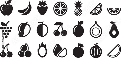 Assorted Fresh Fruit Icons in Silhouette apple banana