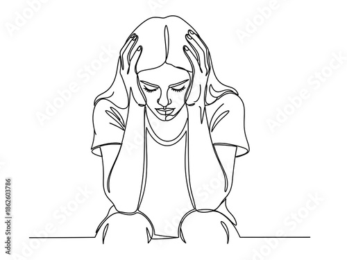 Continuous line drawing of stressed woman with hands on head