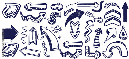 Set vector illustration of hand drawn and curved arrows.  Elevate Your Infographics, Charts, and Presentations with these Playful and Informative Line Marks.