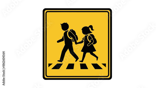 Graphic illustration of a school crossing sign with a child and adult walking