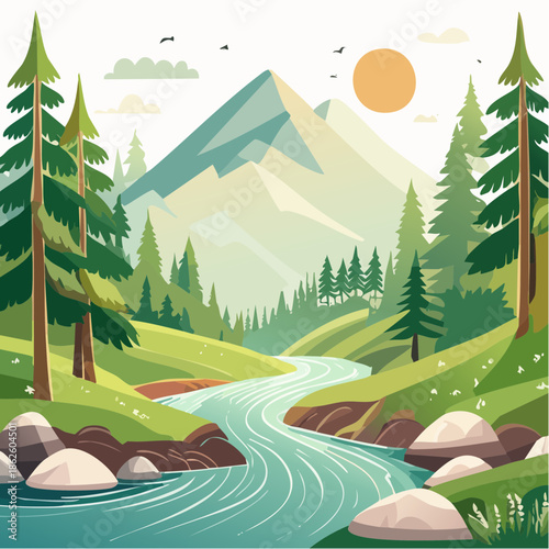 Cartoon vector illustration of a summer mountain landscape with a lush green forest, rolling hills, and a blue sky with clouds over a serene lake and meadow