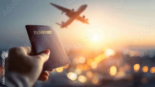 Hand Holding Passport with Airplane Taking Off Against Beautiful Sunset Background at a Busy Airport