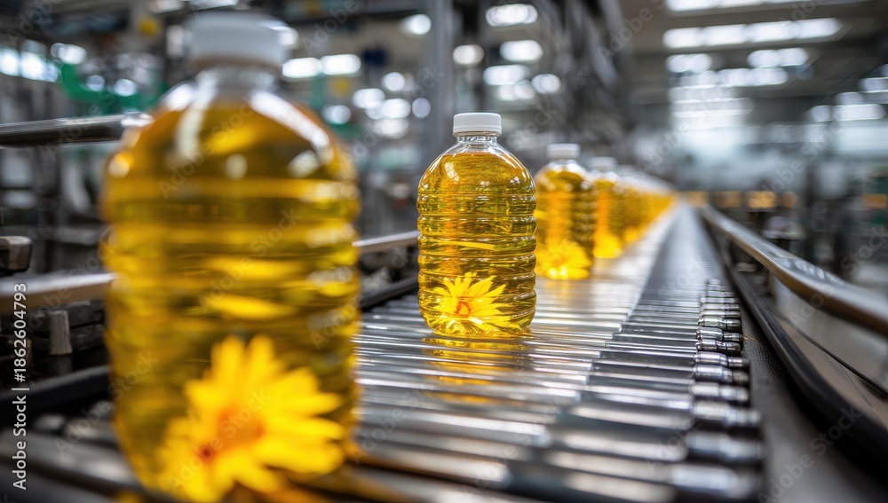 Naklejka premium Golden Sunflower Oil Bottles with Petals on Automated Factory Conveyor Belt Production Line.