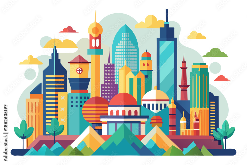 Fototapeta premium Colorful Cityscape Banner. Urban Skyline with Modern and Traditional Architecture.