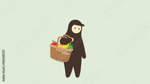 Cartoon character holding a basket full of fresh fruits and vegetables.