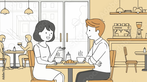 Couple enjoying coffee and conversation at a cafe table.