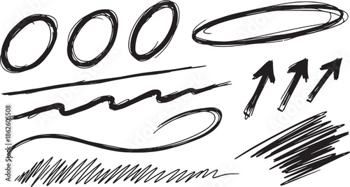 Hand drawn sketchy elements including circles arrows lines scribbles and textures isolated on white