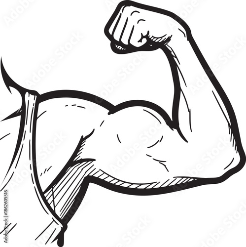 Detailed sketch of a muscular bicep flexed showing strength and fitness with a hand grip