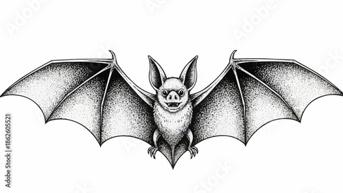 Detailed illustration of a bat with outstretched wings.