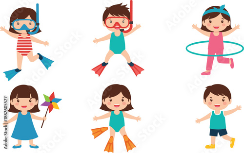 Cute kids summer activities cartoon vector illustration set with swimming snorkeling hula hoop and beach play