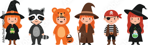 Cute Kids Wearing Halloween Costumes Set With Witch Raccoon Bear Wizard Pirate Characters