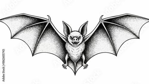 Detailed illustration of a bat with outstretched wings in flight.