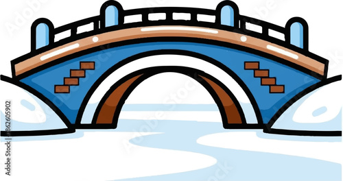 A cartoon illustration of an arched bridge with a blue body and brown railings, crossing a snowy landscape
