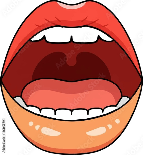 A cartoon illustration of an open mouth with red lips, showing teeth, tongue, and throat