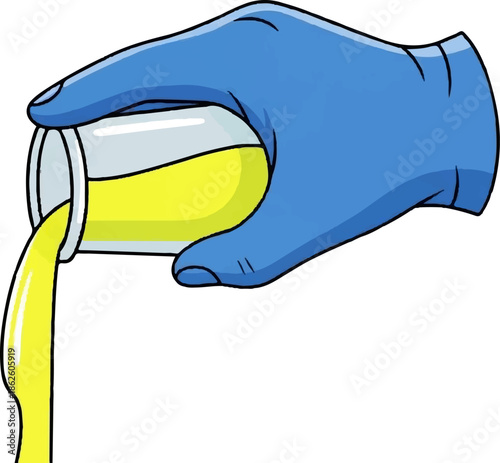 A cartoon image of a gloved hand pouring a bright yellow liquid from a transparent beaker