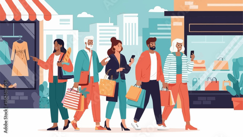 Diverse group of people enjoying shopping on a city street.