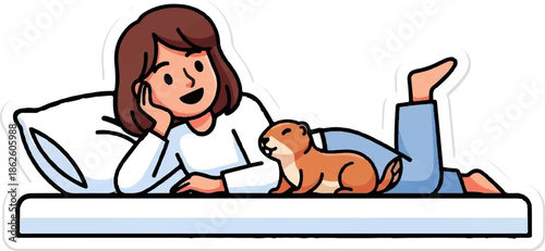 A cartoon woman relaxes happily on a bed with a pillow, gazing at a small, cute rodent companion