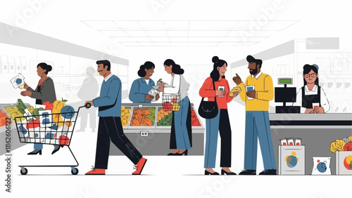 Diverse group of people shopping in a modern supermarket aisle.