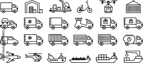 Collection of outline icons representing various modes of transportation and logistics Keywords: truck, delivery