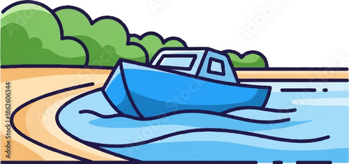 A charming illustration depicts a blue boat gently resting on the tranquil waters near a sandy shore with green foliage