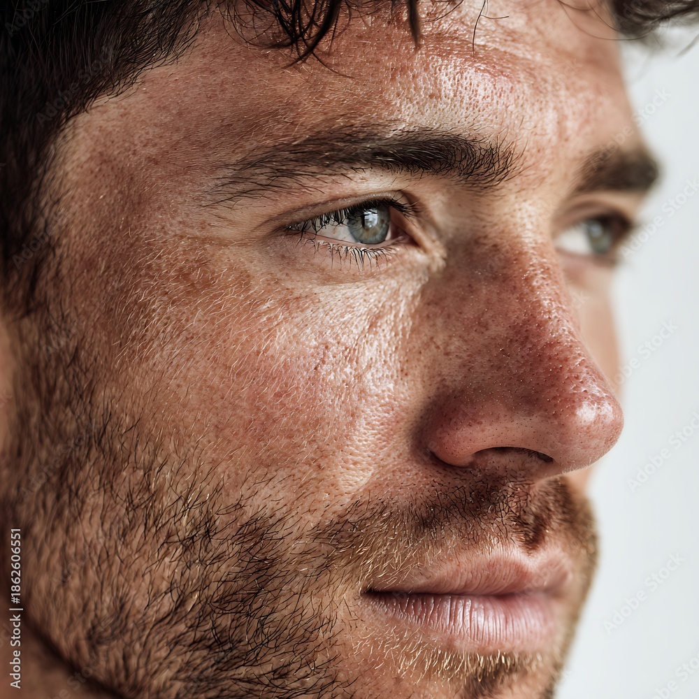 Obraz premium A man's skin after shaving shows redness and irritation; a natural skin appearance, ideal for advertising men's aftershave products, cosmeceuticals, and grooming brands focusing on sensitive skin.