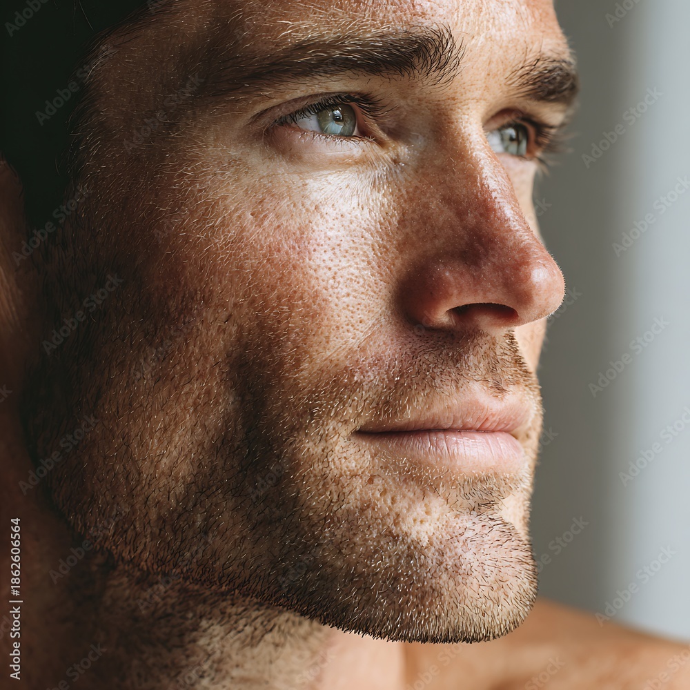 Obraz premium A man's skin after shaving shows redness and irritation; a natural skin appearance, ideal for advertising men's aftershave products, cosmeceuticals, and grooming brands focusing on sensitive skin.