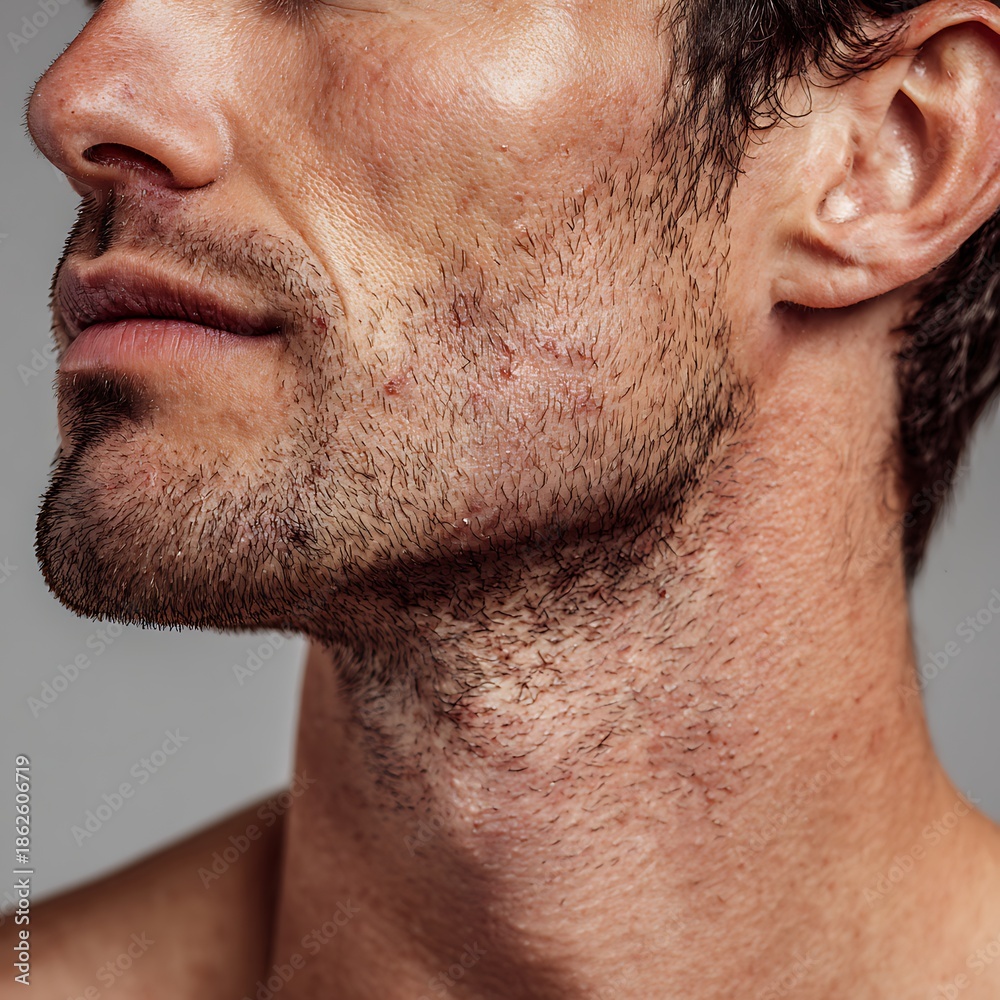 Obraz premium A man's skin after shaving shows redness and irritation; a natural skin appearance, ideal for advertising men's aftershave products, cosmeceuticals, and grooming brands focusing on sensitive skin.