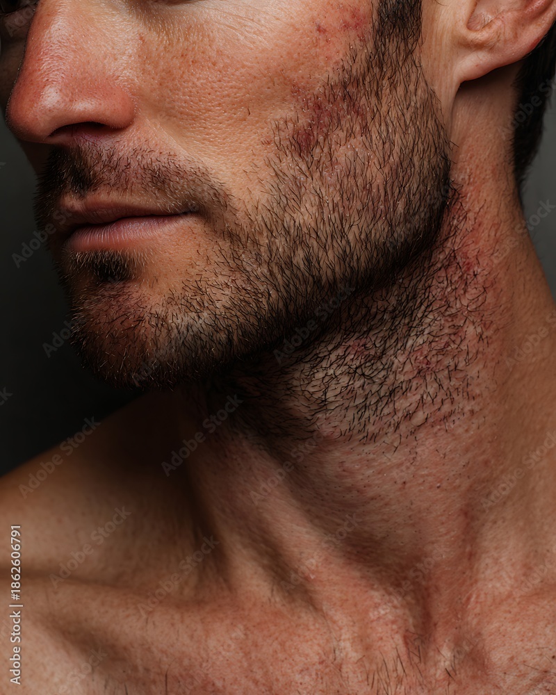Obraz premium A man's skin after shaving shows redness and irritation; a natural skin appearance, ideal for advertising men's aftershave products, cosmeceuticals, and grooming brands focusing on sensitive skin.