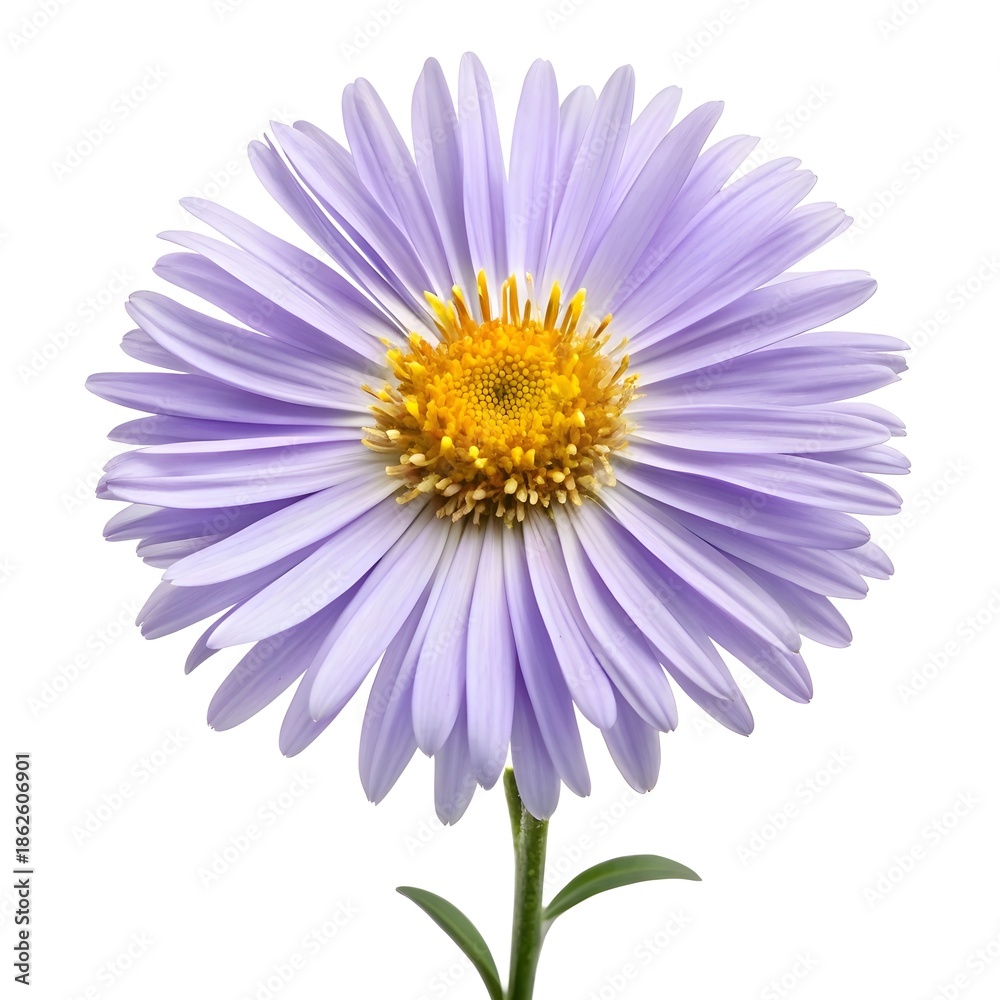 Obraz premium Alpine Aster Soft Violet‑Purple Mountain Bloom Elegantly Displayed on Pure White Background, Featuring Golden Center, Radiant Petals, and Fresh Alpine Charm in Minimal Contemporary Floral Style