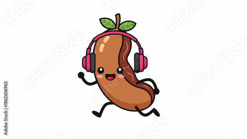 Cartoon hotdog character wearing pink headphones runs with a lively expression on a plain white background.