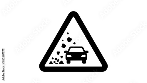 Road sign warning of falling rocks on a highway with a car silhouette