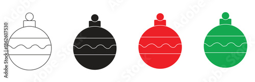 A vibrant set of four festive neon Christmas ornaments in pink, blue, green, and red, each with a distinct design featuring horizontal bands and a wavy middle section, perfect for holiday decorations.