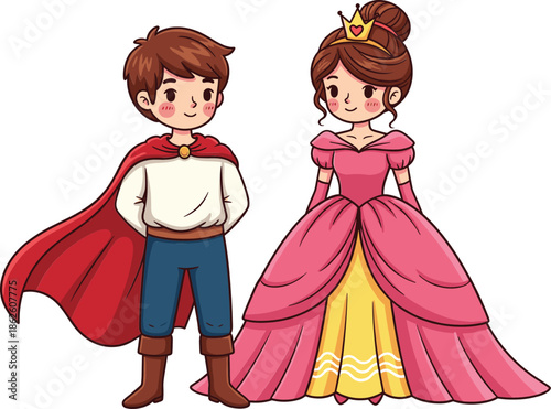 Cute prince and princess cartoon vector illustration in fairytale style for children storybook designs