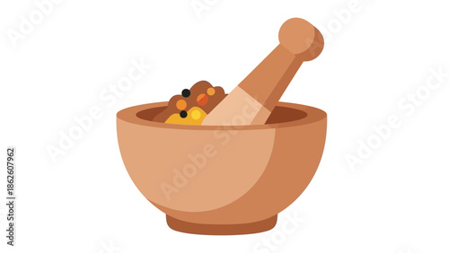 Flat lay illustration of a mortar and pestle with herbs on a clean white background