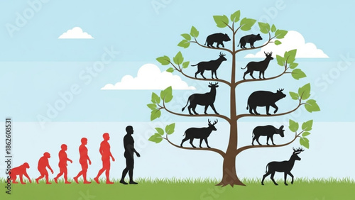 Evolution of Man and Animals Walking on Grass under Tree with Silhouettes, Vector Illustration