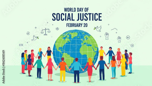 Diverse People Holding Hands Around Globe Symbolizing World Day of Social Justice