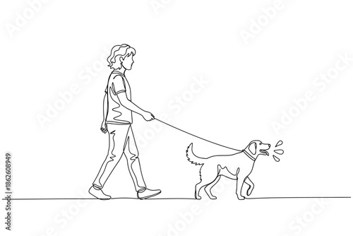 Continuous Line Drawing of a Person Walking an Energetic Dog on a Leash