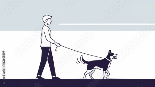 Man walking a dog on a leash outdoors.