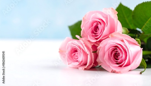 Three pink blooms, petals unfurling, rest on a bright surface with a blurred sky backdrop and lush greenery