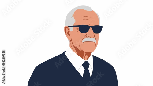Elderly man with sunglasses and white mustache wearing a suit.