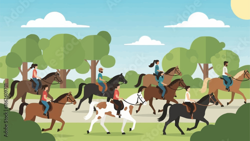 Group of people riding horses in a park during the day.