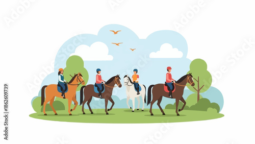 Group of people riding horses outdoors in a park setting.