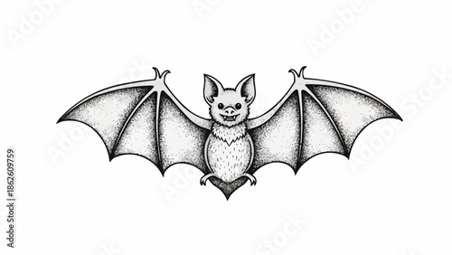 Hand drawn illustration of a bat with open wings.