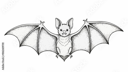 Hand drawn illustration of a cute bat with open wings.