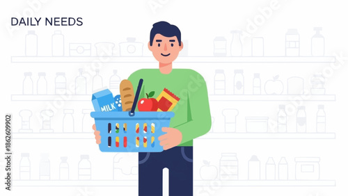 Man holding a basket full of groceries and daily needs items.
